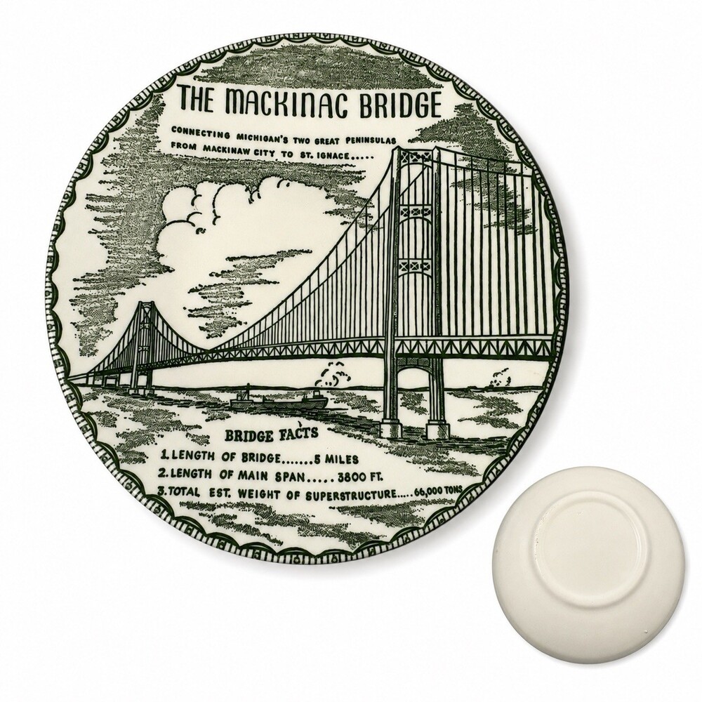 Vintage Mackinac Bridge Michigan Souvenir Plate 1950s Bridge Facts Green